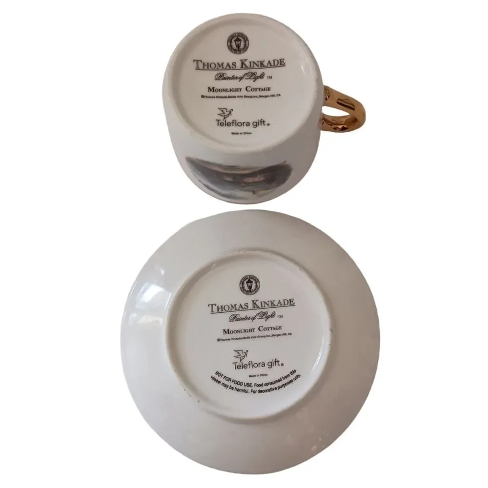Thomas Kinkade Moonlight Cottage Tea Cup Saucer‎ Vase Teleflora Gold Trim Set